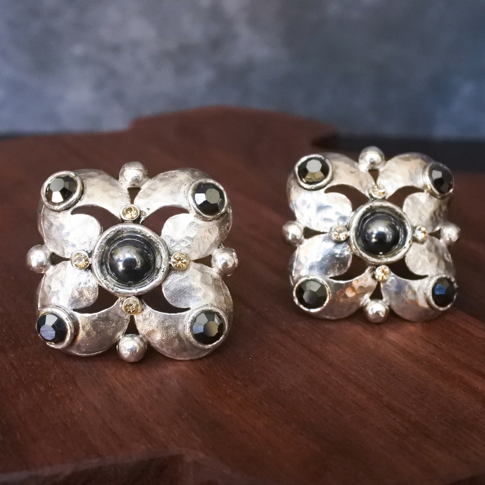 Vintage Abbey Road 80s Oversized Statement Silver Rhinestone Clip On Earrings